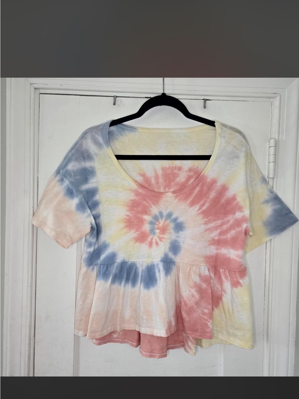 American Eagle Tye-Dye Peplum Short Sleeve Top - Pastel Blue Pink Yellow
